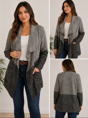 RD Style Two-Tone Gray Open Front Drape Cardigan Sweater Women’s